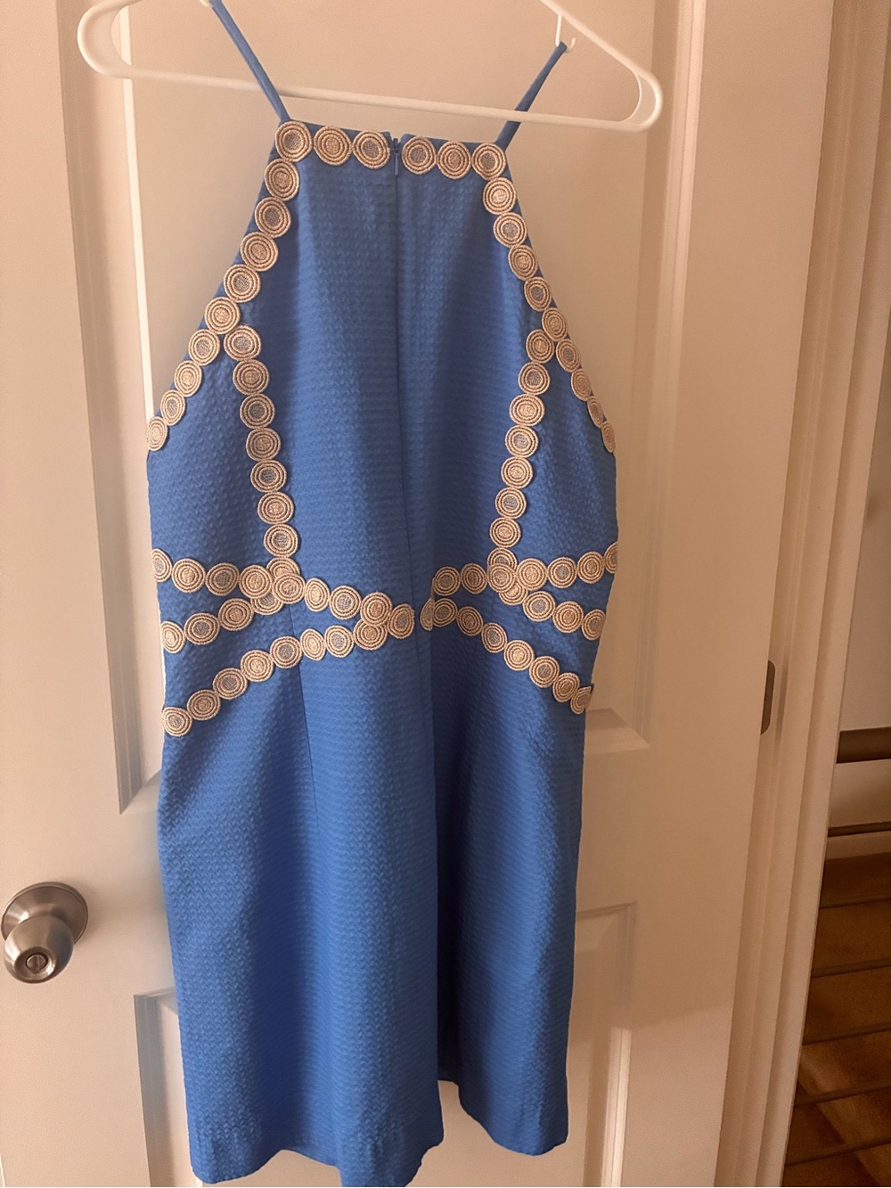 Lilly Pulitzer Bright Blue Halter Dress with Cream Scroll Trim NWOT - Picture 3 of 4